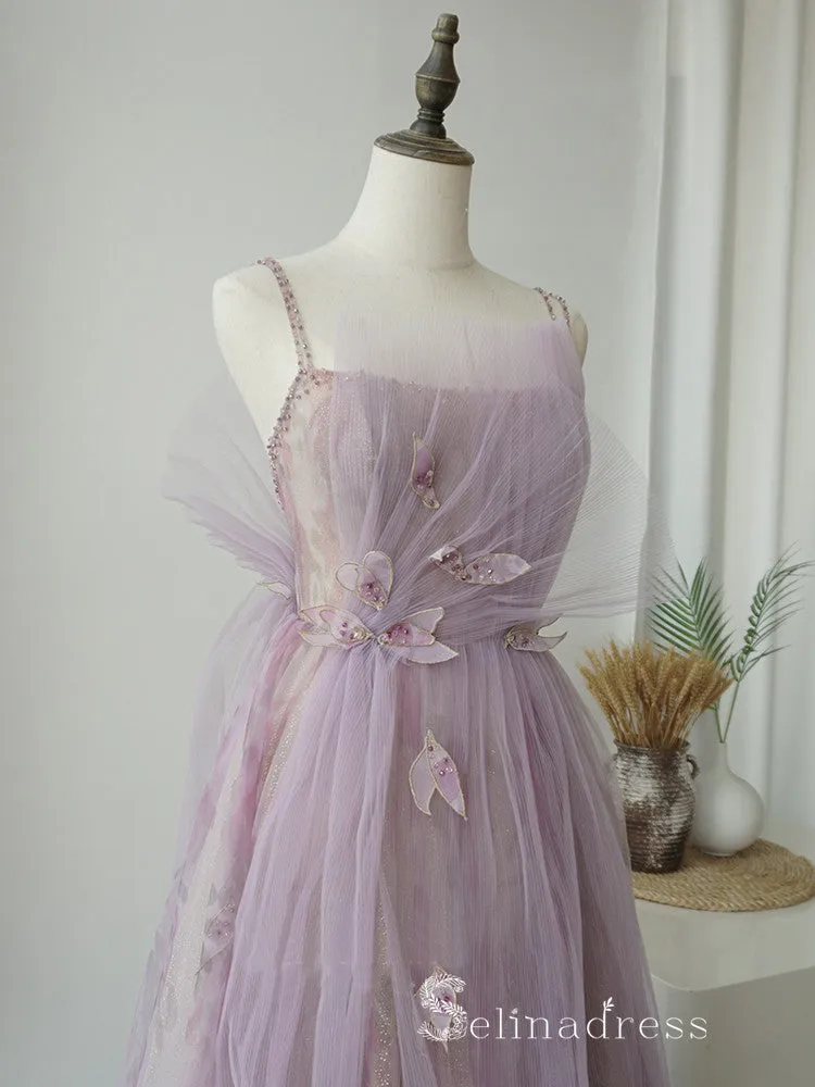 Chic A-line Spaghetti Straps Unique Long Prom Dresses Beaded Evening Dress CBD401