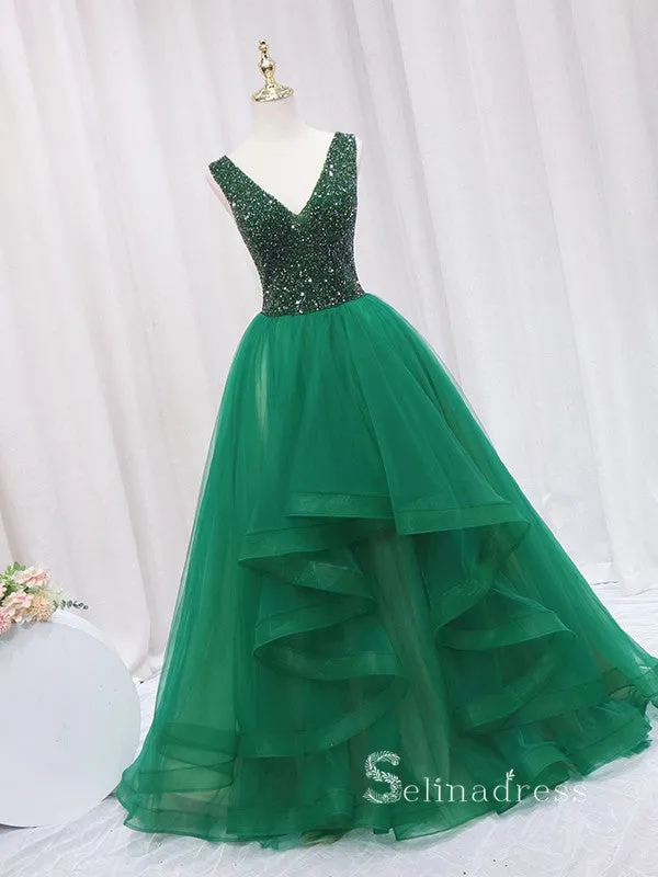 Chic A-line V neck Sparkly Green Long Prom Dresses Beaded Evening Gowns JKR007