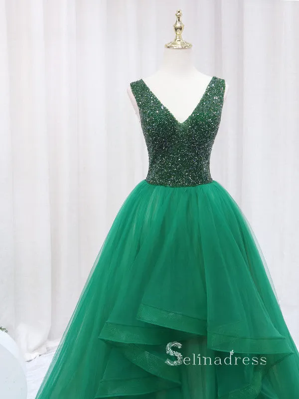 Chic A-line V neck Sparkly Green Long Prom Dresses Beaded Evening Gowns JKR007