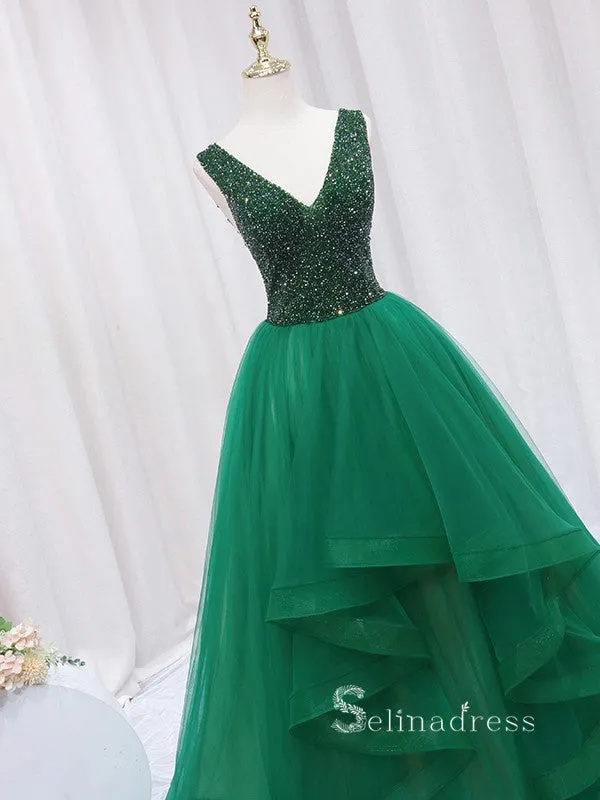 Chic A-line V neck Sparkly Green Long Prom Dresses Beaded Evening Gowns JKR007