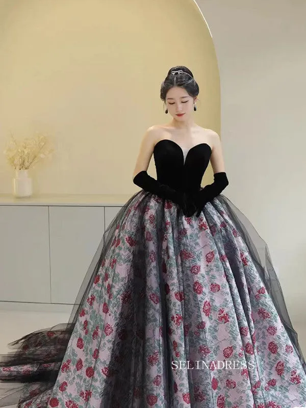 Chic Black Sweetheart Long Prom Dress Floral Ball Gown Elegant Evening Dress #QWE055