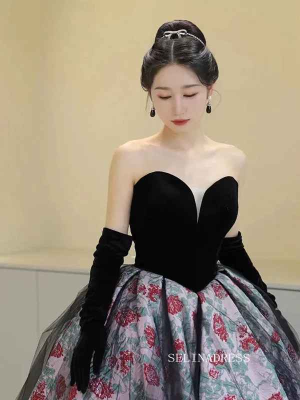 Chic Black Sweetheart Long Prom Dress Floral Ball Gown Elegant Evening Dress #QWE055