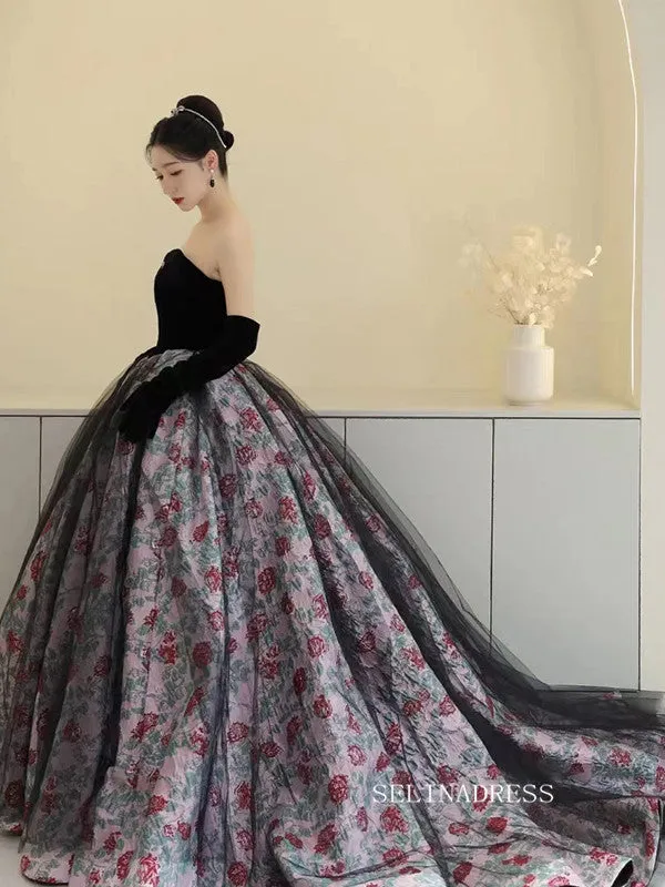 Chic Black Sweetheart Long Prom Dress Floral Ball Gown Elegant Evening Dress #QWE055