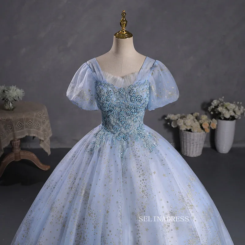 Chic Elegant Ball Gown Straps Long Prom Dress Puff Sleeve Beautiful Long Formal Dress Evening Dress #kop123