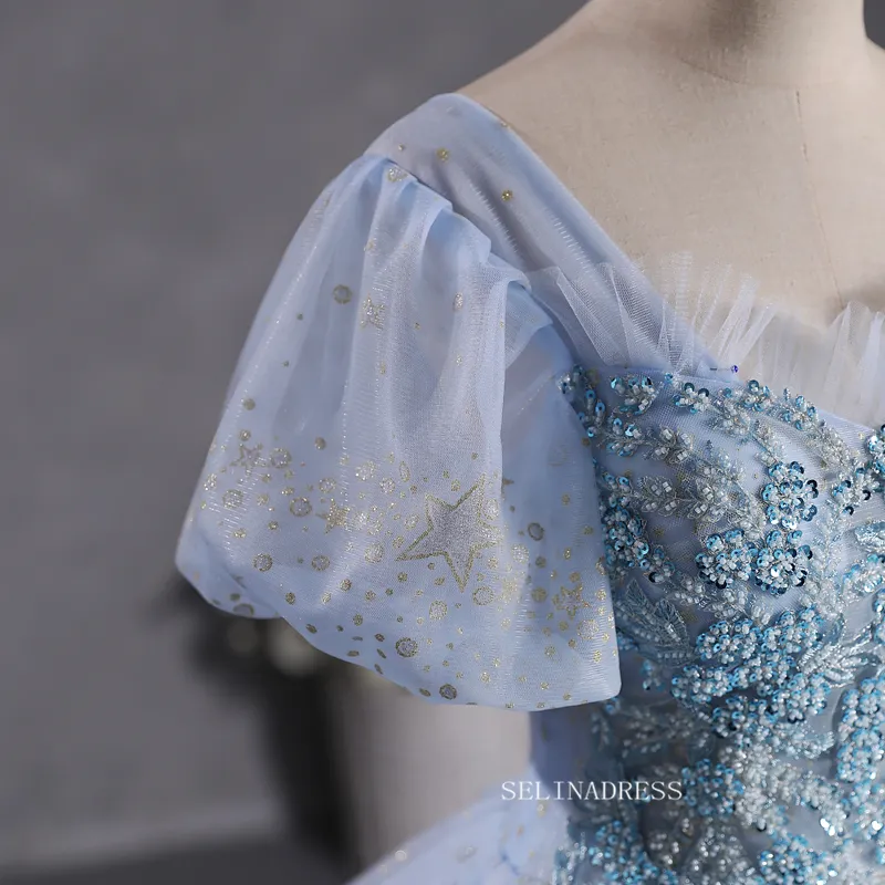 Chic Elegant Ball Gown Straps Long Prom Dress Puff Sleeve Beautiful Long Formal Dress Evening Dress #kop123