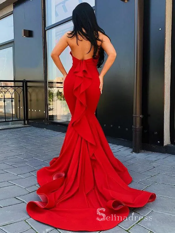 Chic Mermaid High Neck neck Red Prom Dresses Elegant Long Evening Gowns MHL157