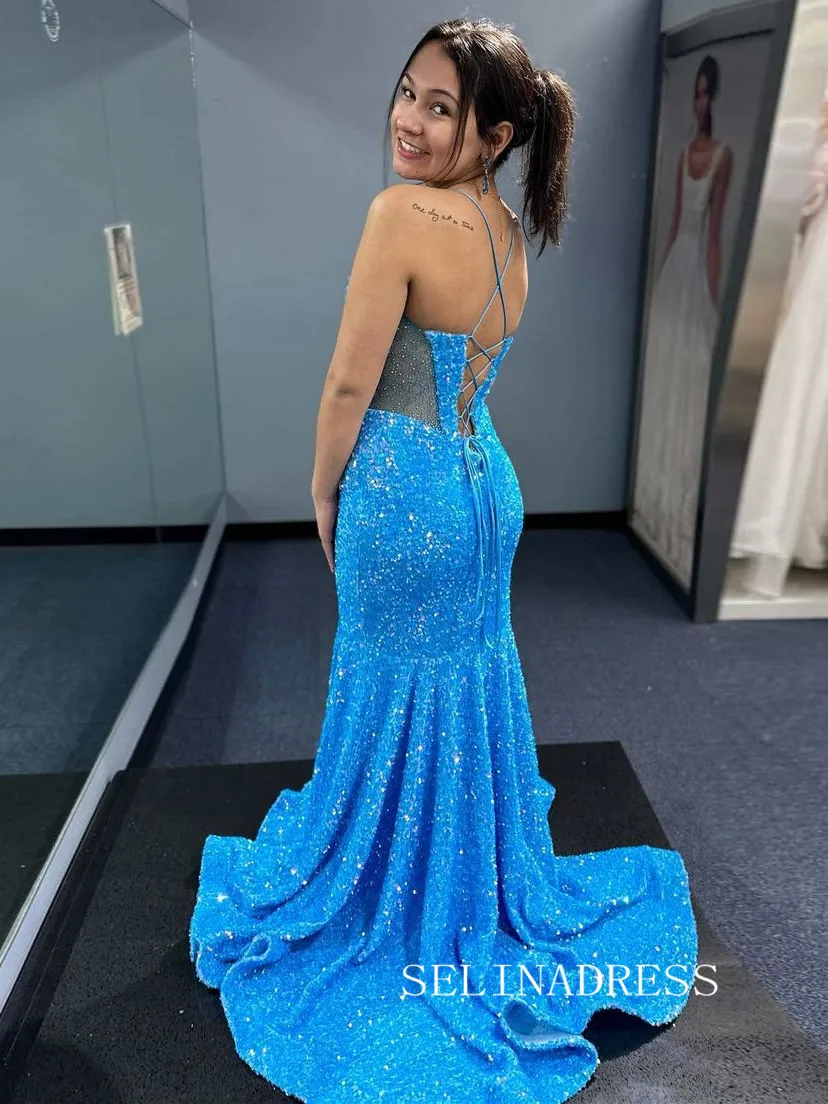 Chic Mermaid Spaghetti Straps Sequins Long Prom Dresses Blue Evening Dress SEW0160