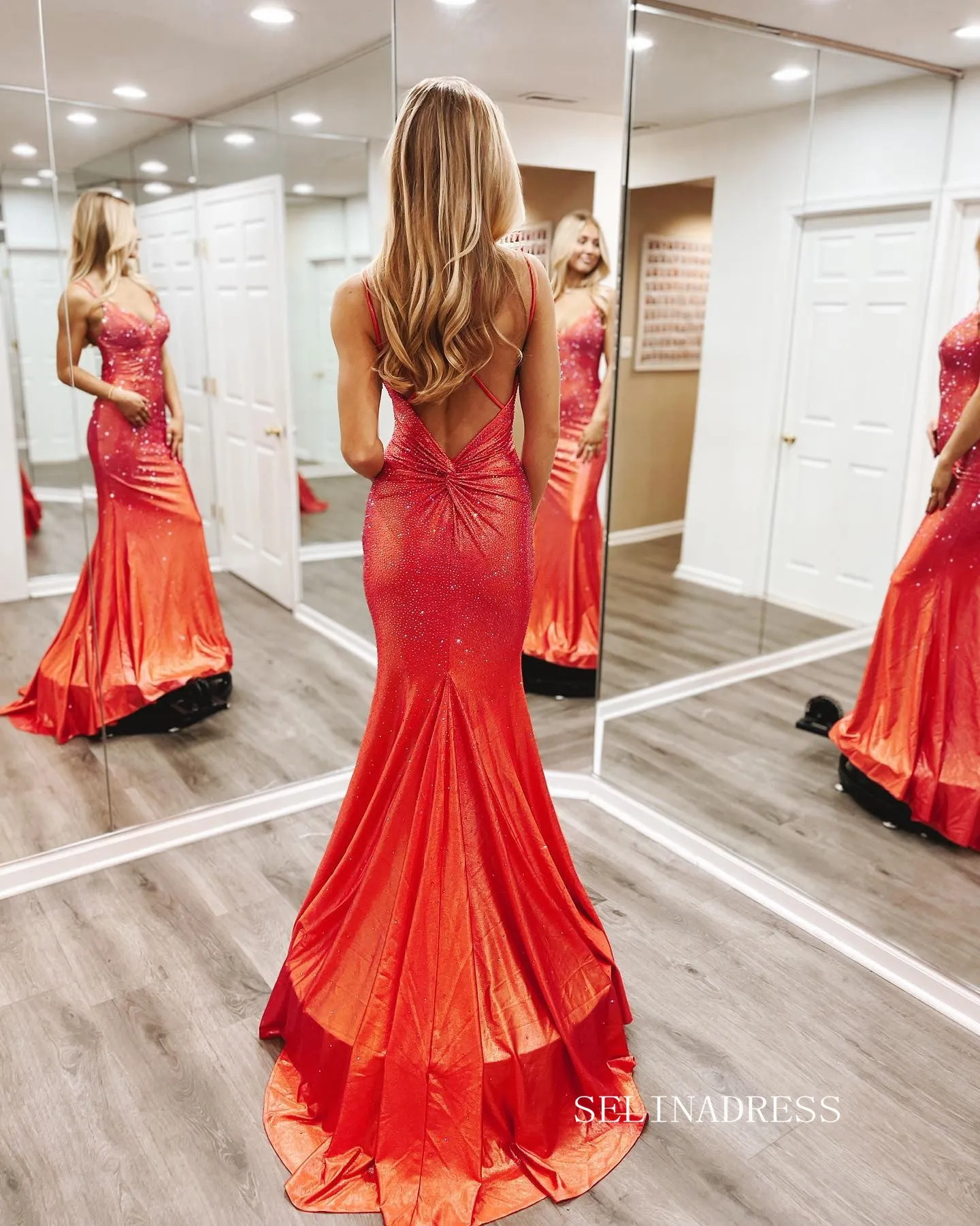 Chic Mermaid Spaghetti Straps Sparkly Long Prom Dress Elegant Formal Dress #LOP800