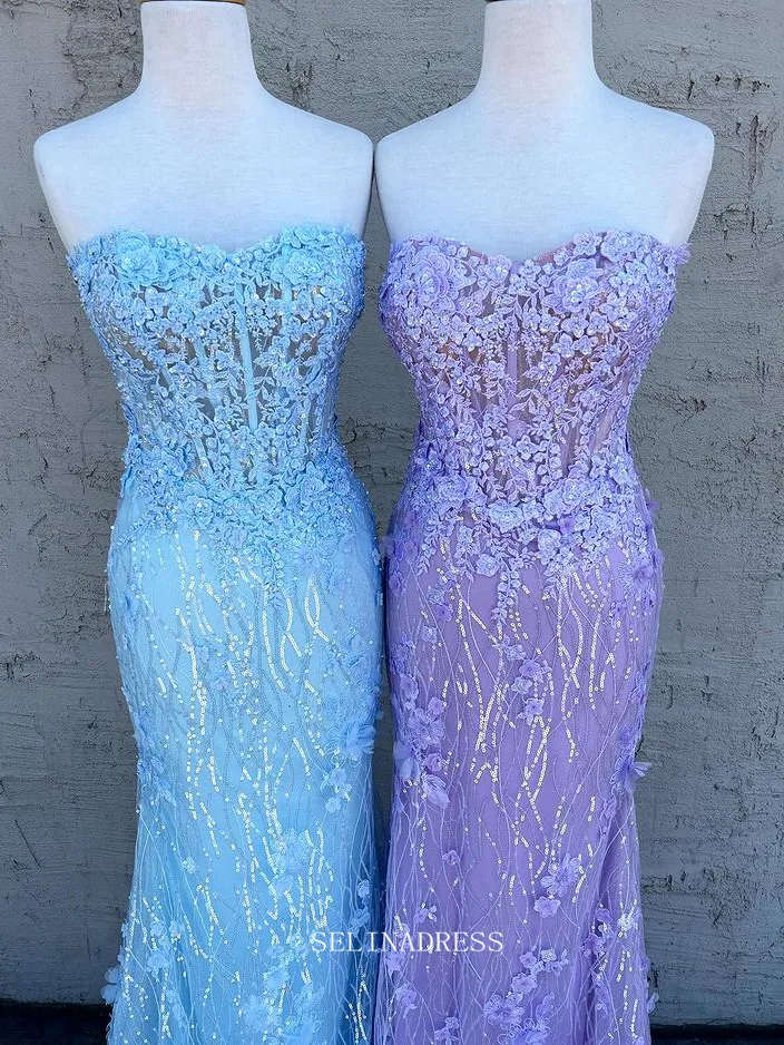 Chic Mermaid Sweetheart Lilac Prom Dresses Applique Long Evening Dress Beaded Formal Dresses TKL082