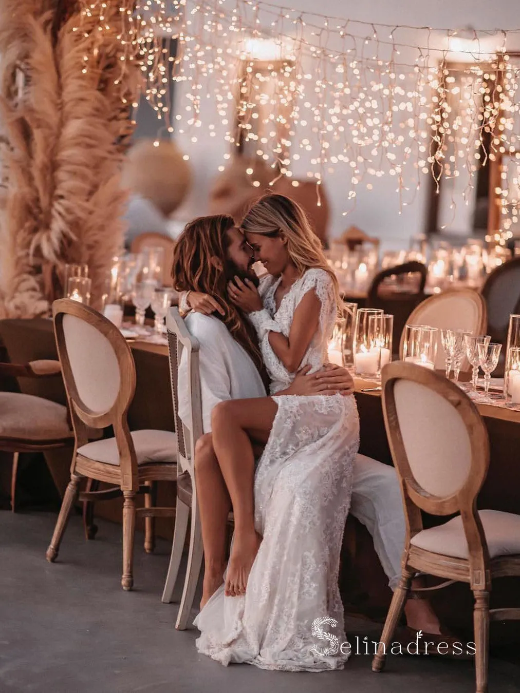 Chic Sheath/Column V neck See Through Wedding Dresses Lace Bridal Gowns CBD387