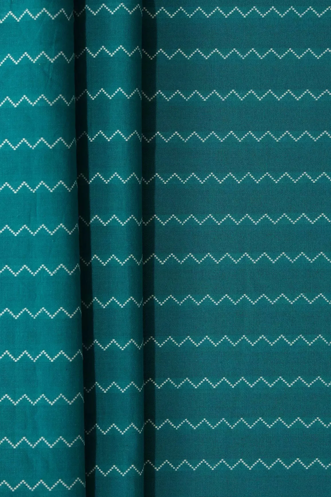 Dark Turquoise And White Chevron Pattern On Handwoven Organic Cotton Fabric