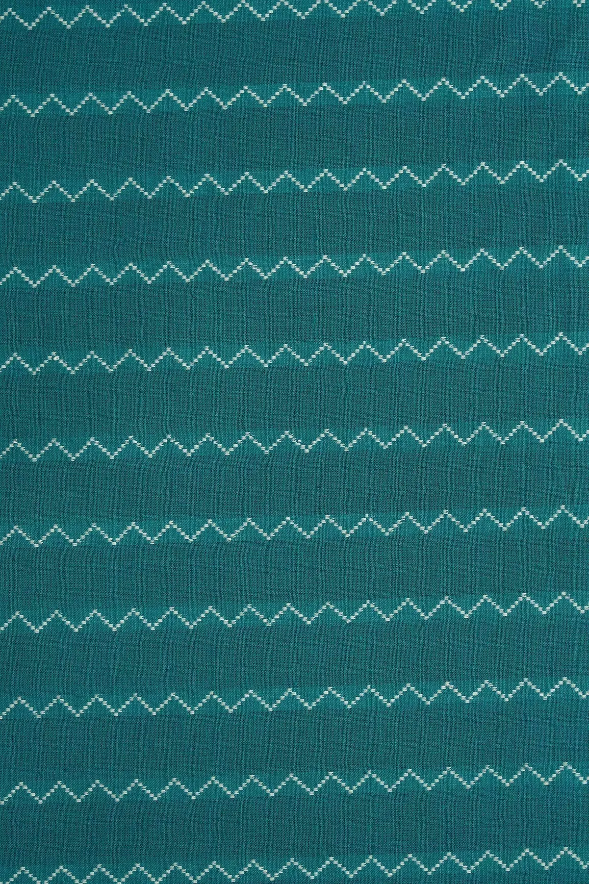 Dark Turquoise And White Chevron Pattern On Handwoven Organic Cotton Fabric