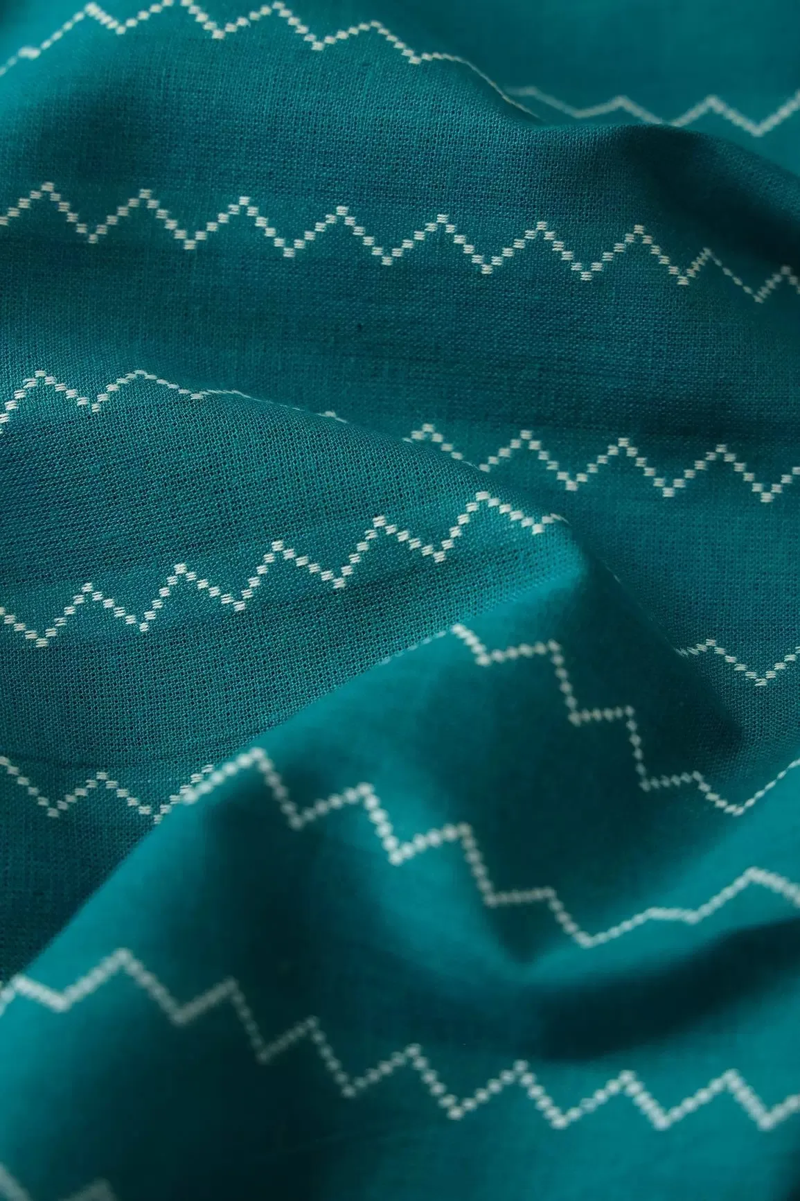 Dark Turquoise And White Chevron Pattern On Handwoven Organic Cotton Fabric