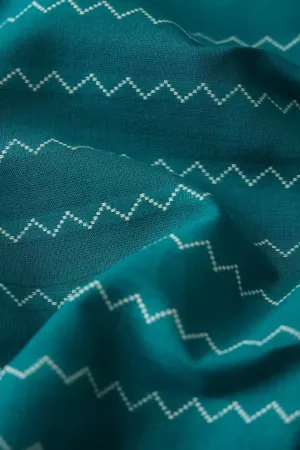 Dark Turquoise And White Chevron Pattern On Handwoven Organic Cotton Fabric