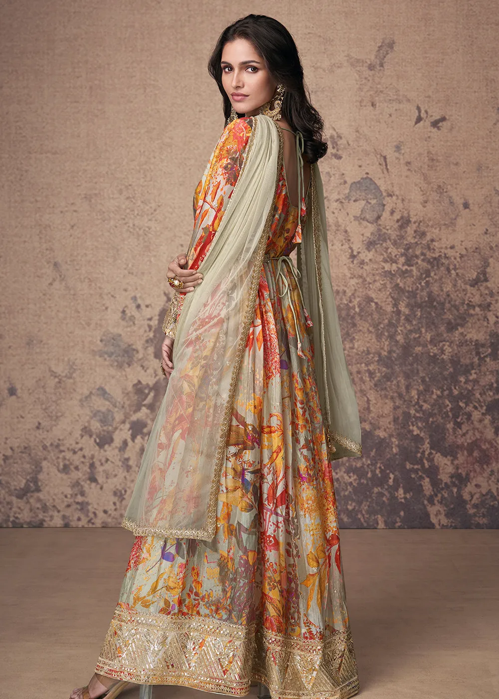 Digital Printed & Zari Embroidered Anarkali Suit in Green