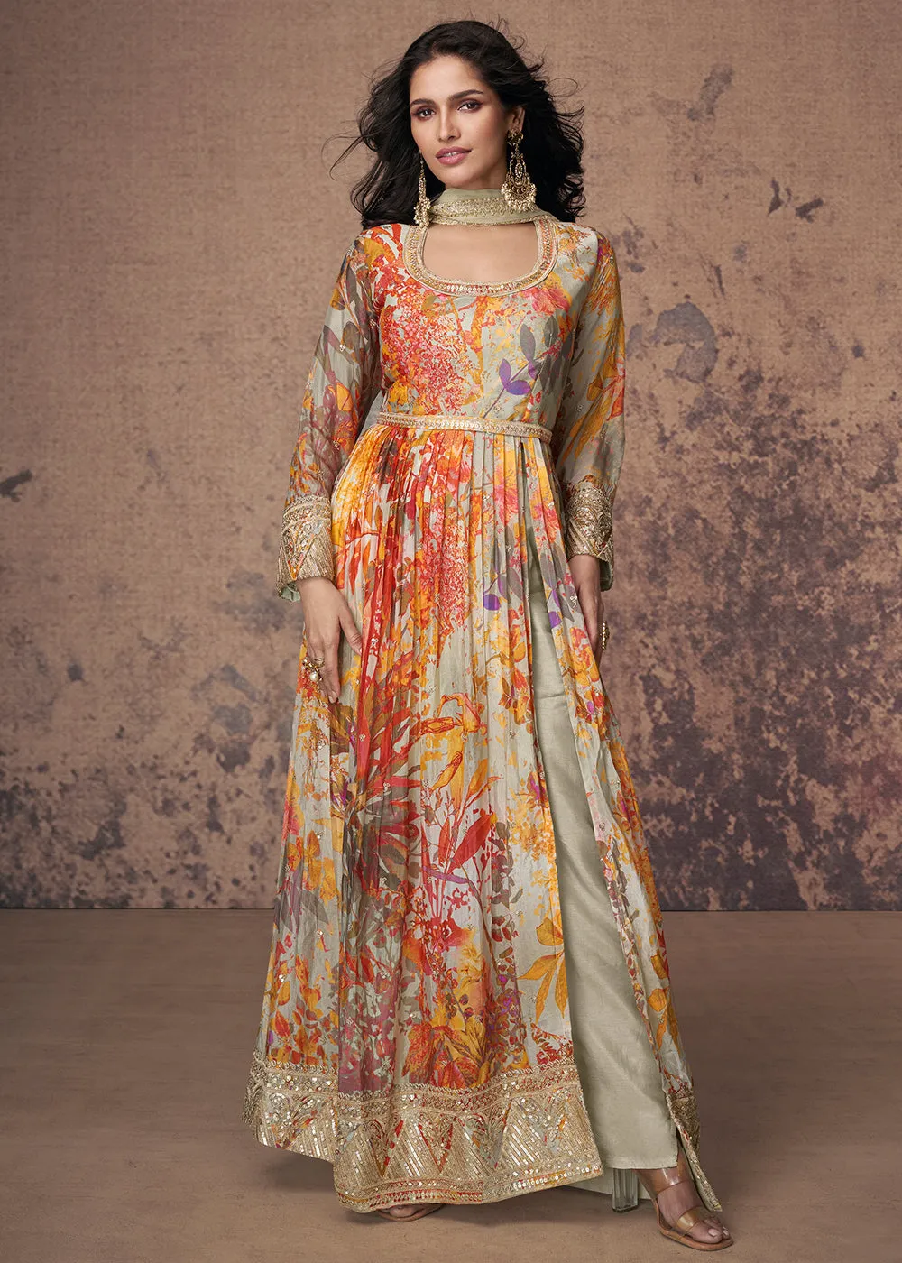 Digital Printed & Zari Embroidered Anarkali Suit in Green