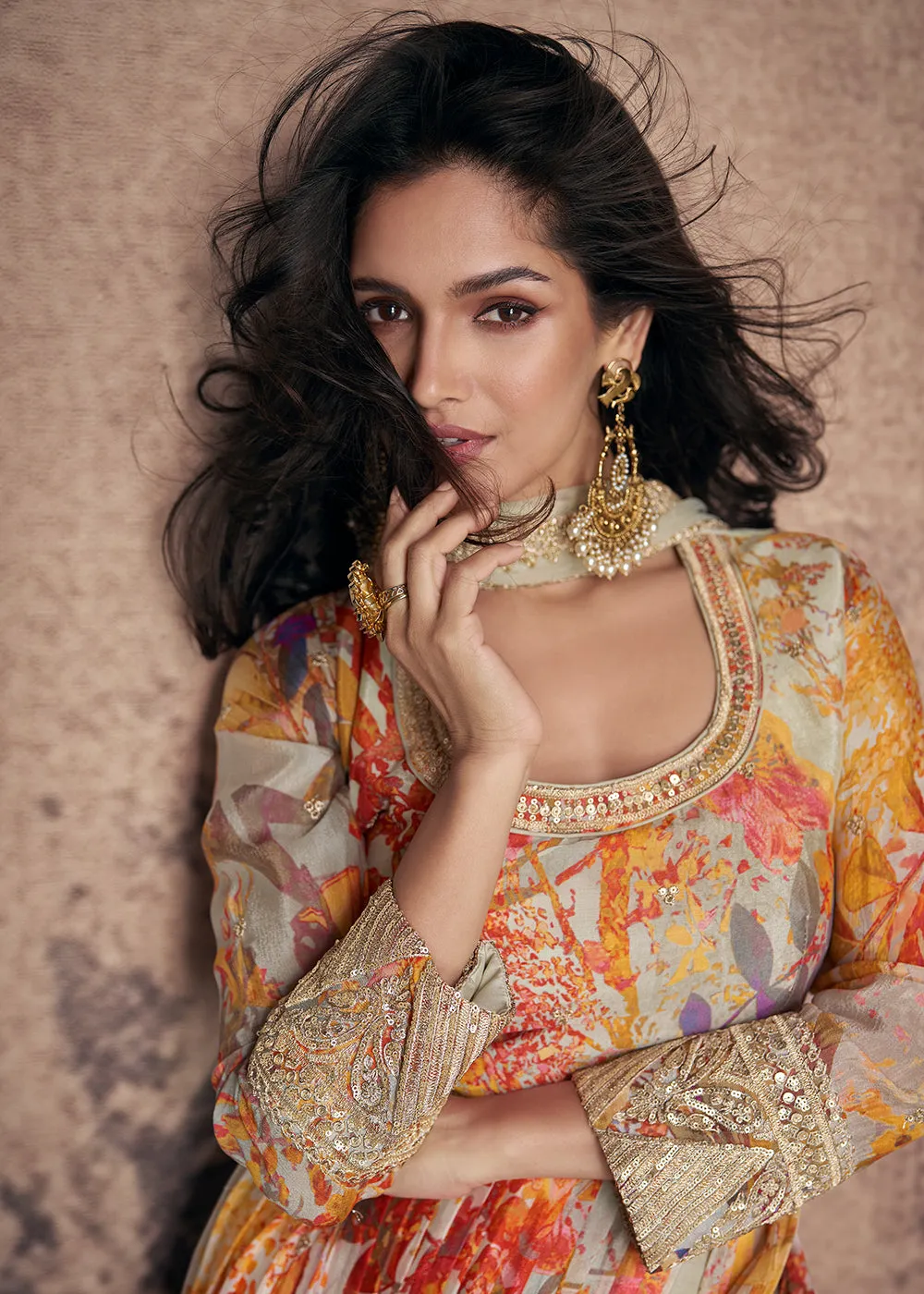 Digital Printed & Zari Embroidered Anarkali Suit in Green