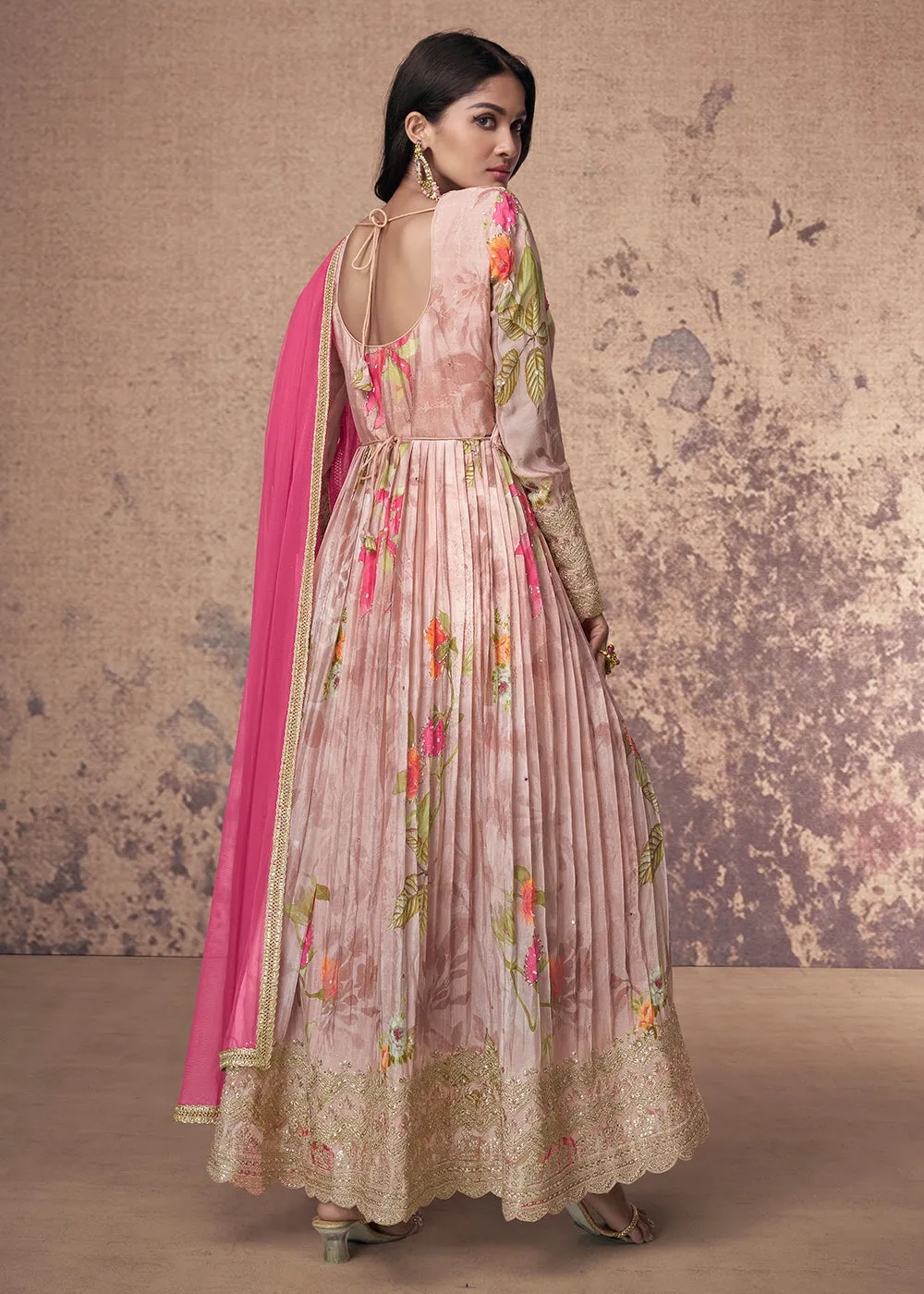 Digital Printed & Zari Embroidered Anarkali Suit in Pink