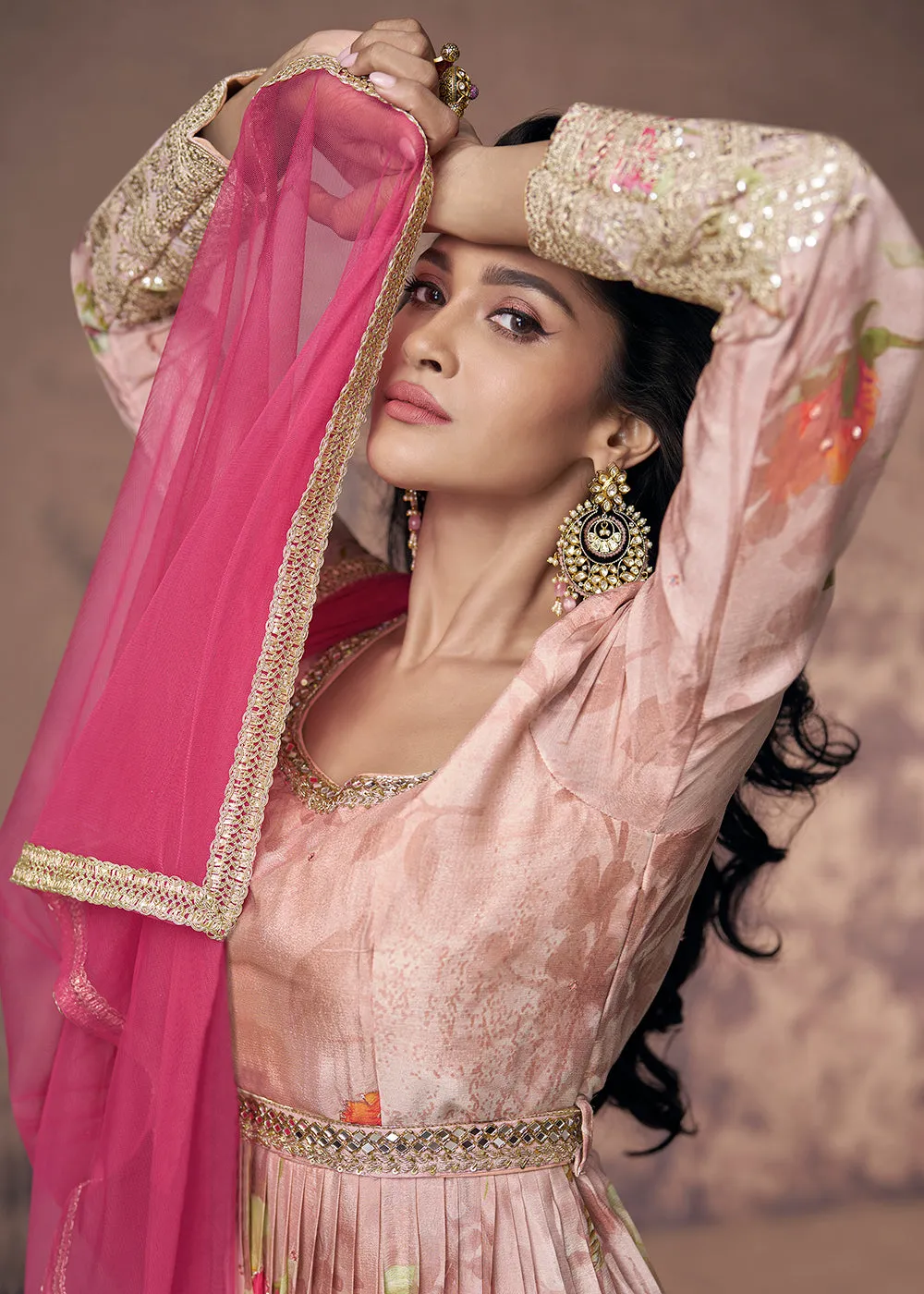 Digital Printed & Zari Embroidered Anarkali Suit in Pink