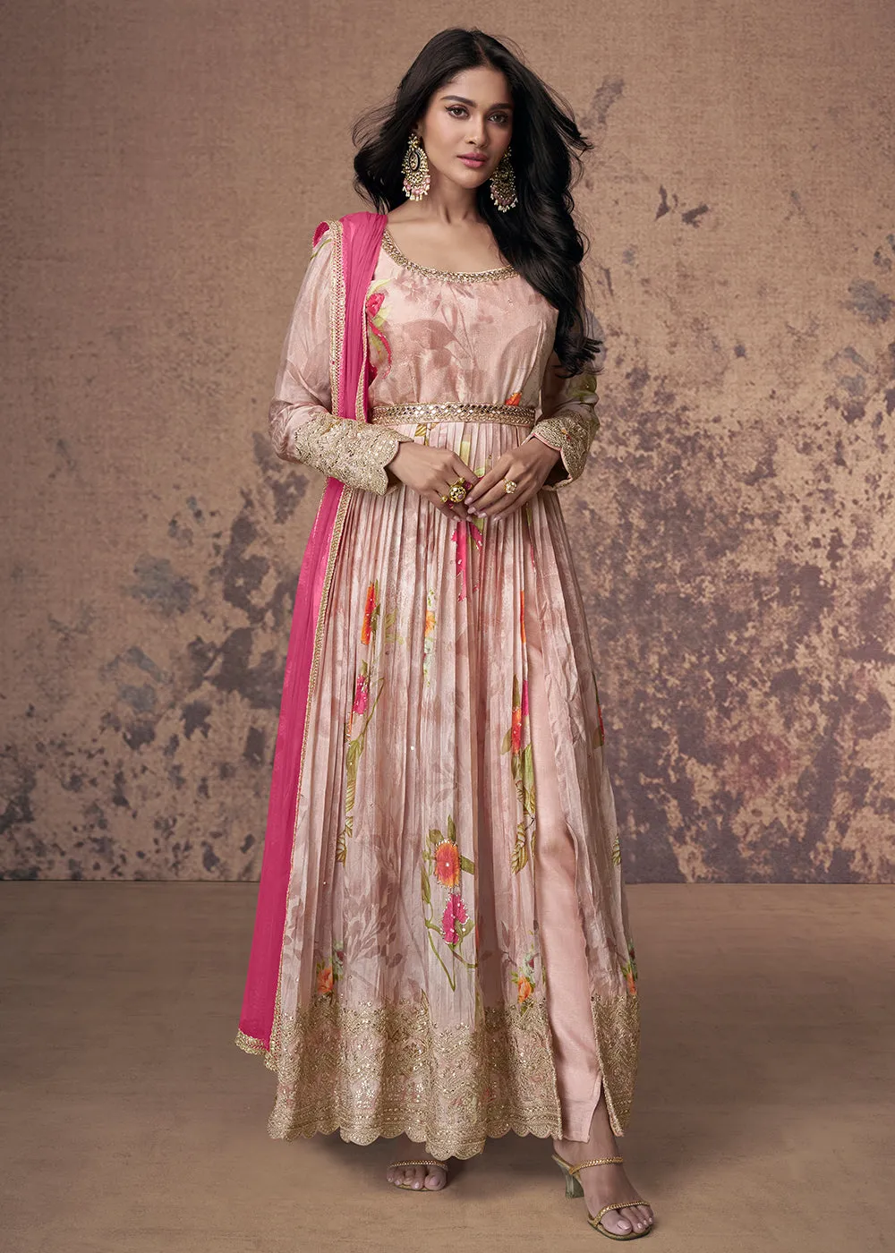 Digital Printed & Zari Embroidered Anarkali Suit in Pink