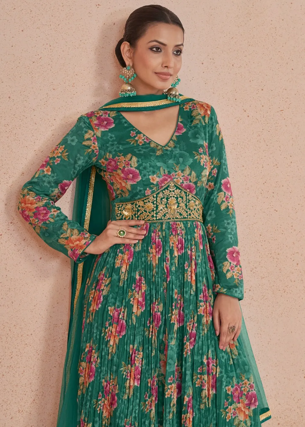 Digital Printed Green Embroidered Wedding Anarkali Gown