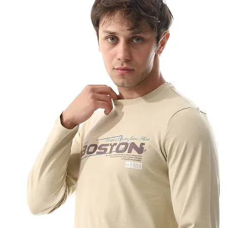 Elegant Men's Summer Pajamas With Long Sleeves, Beige Printed T-Shirt and Checkered Pants