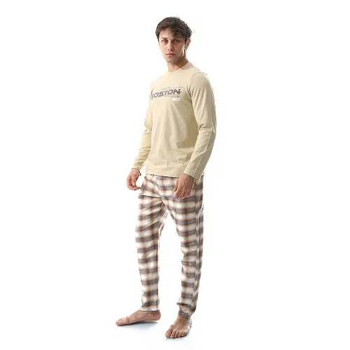 Elegant Men's Summer Pajamas With Long Sleeves, Beige Printed T-Shirt and Checkered Pants