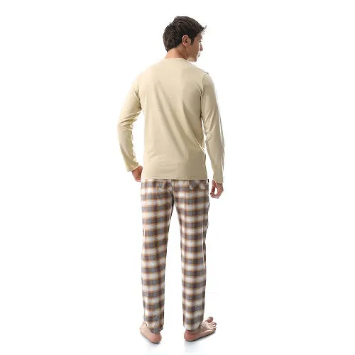 Elegant Men's Summer Pajamas With Long Sleeves, Beige Printed T-Shirt and Checkered Pants