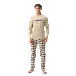 Elegant Men's Summer Pajamas With Long Sleeves, Beige Printed T-Shirt and Checkered Pants