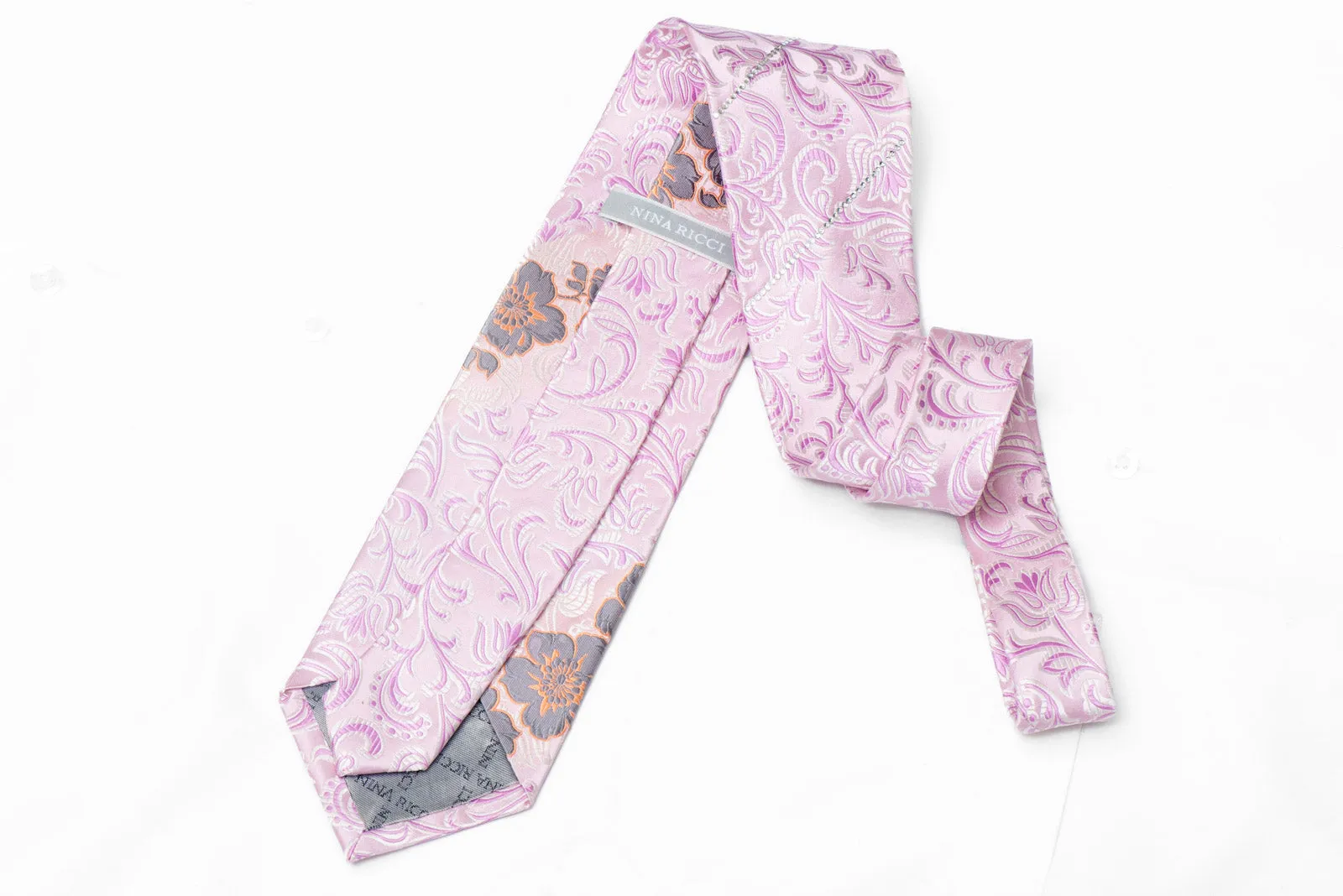 Floral On Pink Silk Necktie With Sparkling Rhinestones