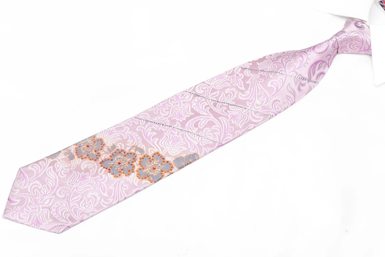 Floral On Pink Silk Necktie With Sparkling Rhinestones