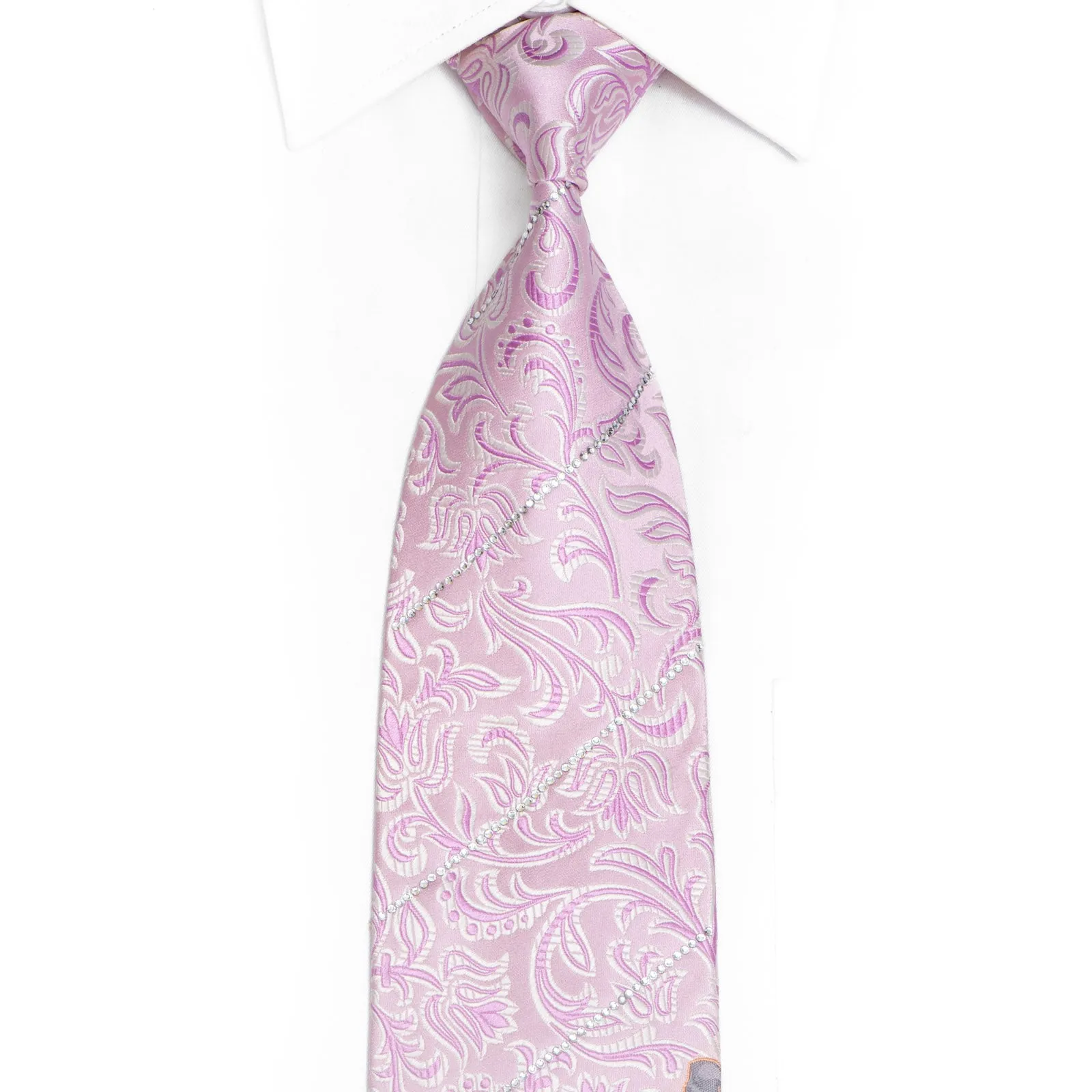 Floral On Pink Silk Necktie With Sparkling Rhinestones