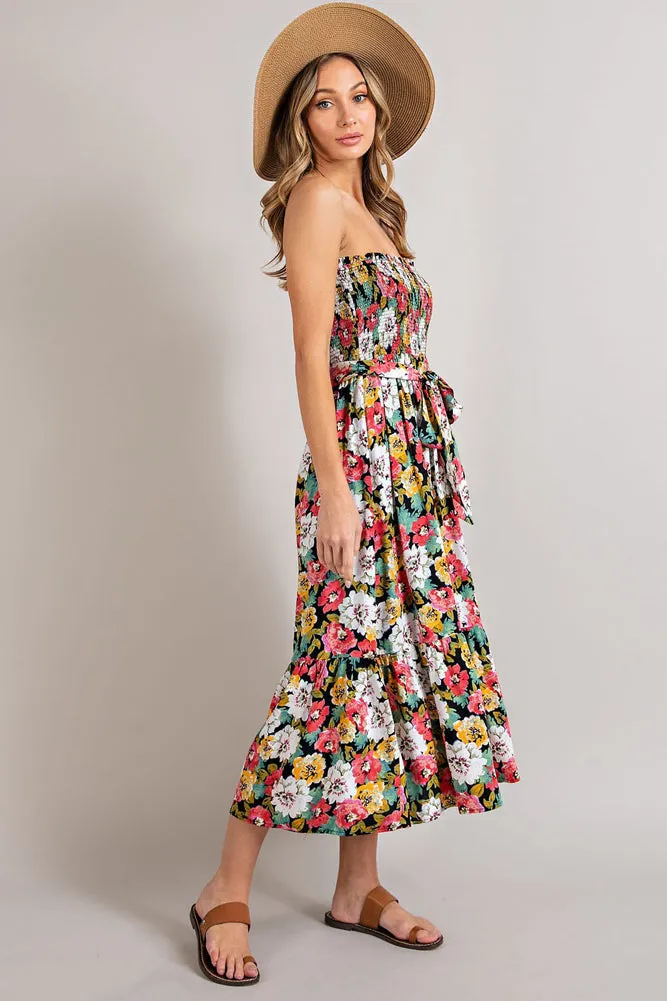 Floral Open Shoulder Midi Dress in Black by Ee Some