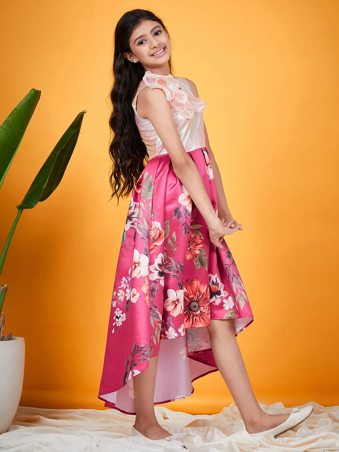 Girls Floral Printed A Line Midi Dress