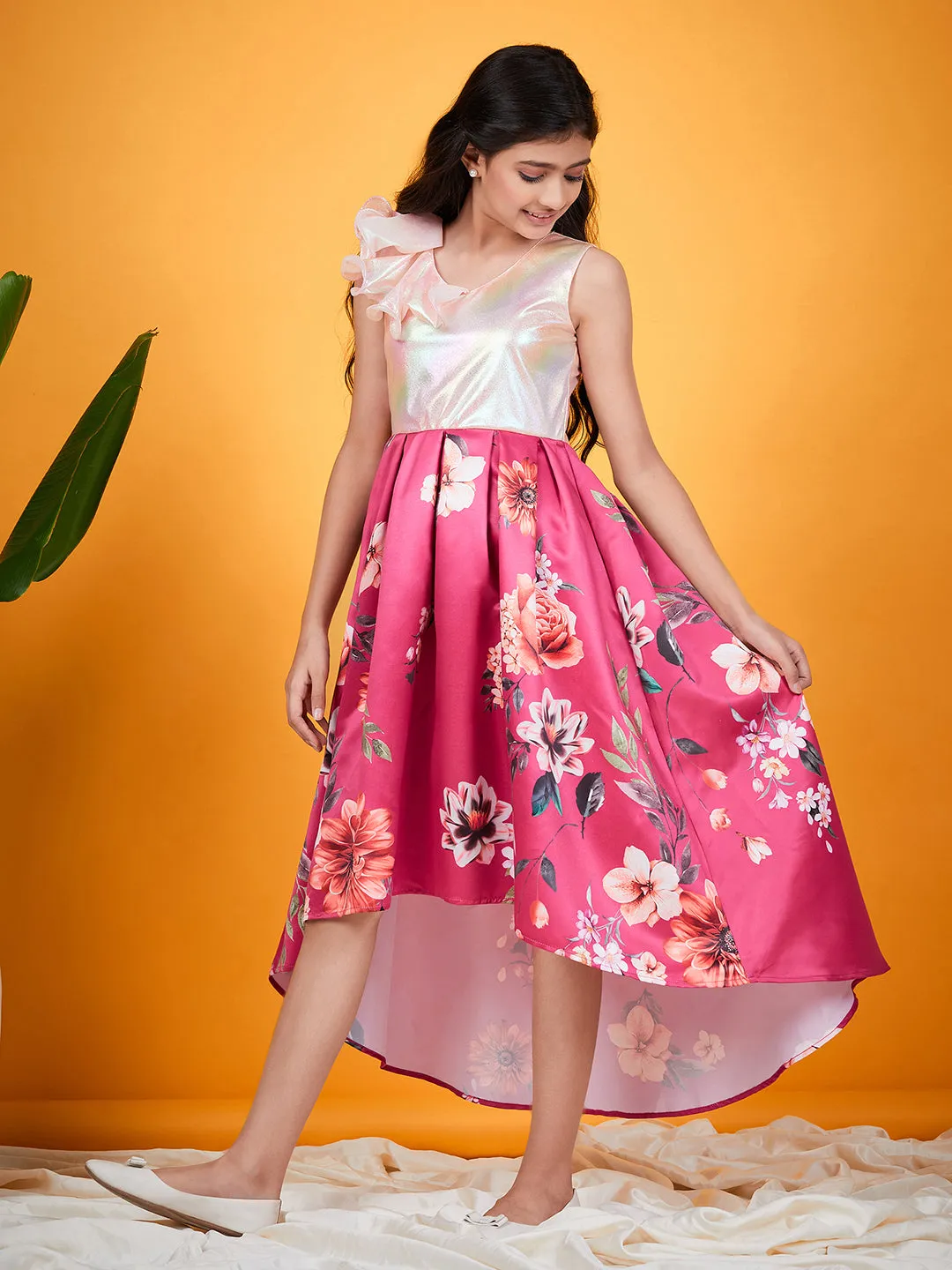 Girls Floral Printed A Line Midi Dress