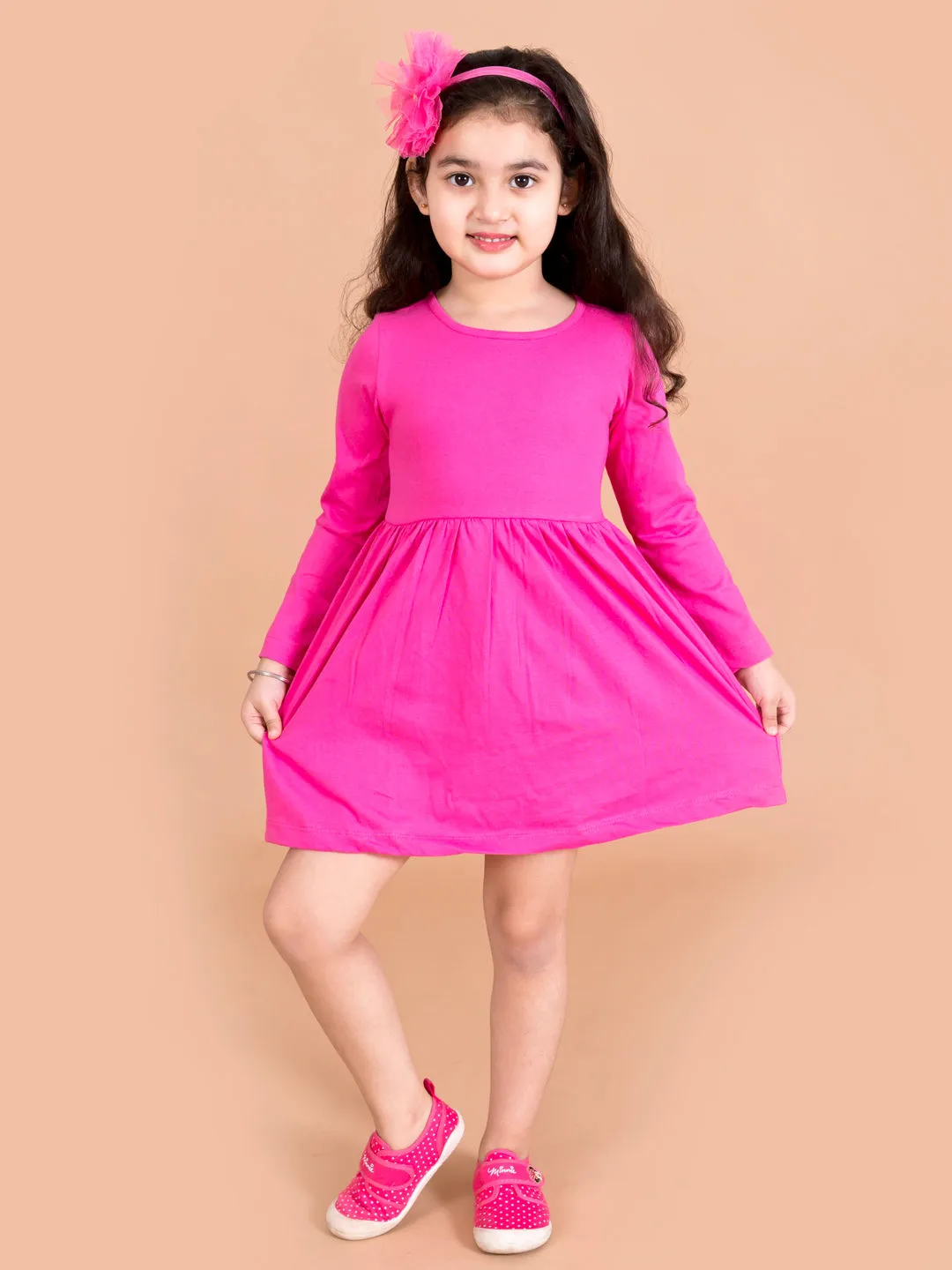Girls Pink Blue Floral Print Cotton A-Line Dress