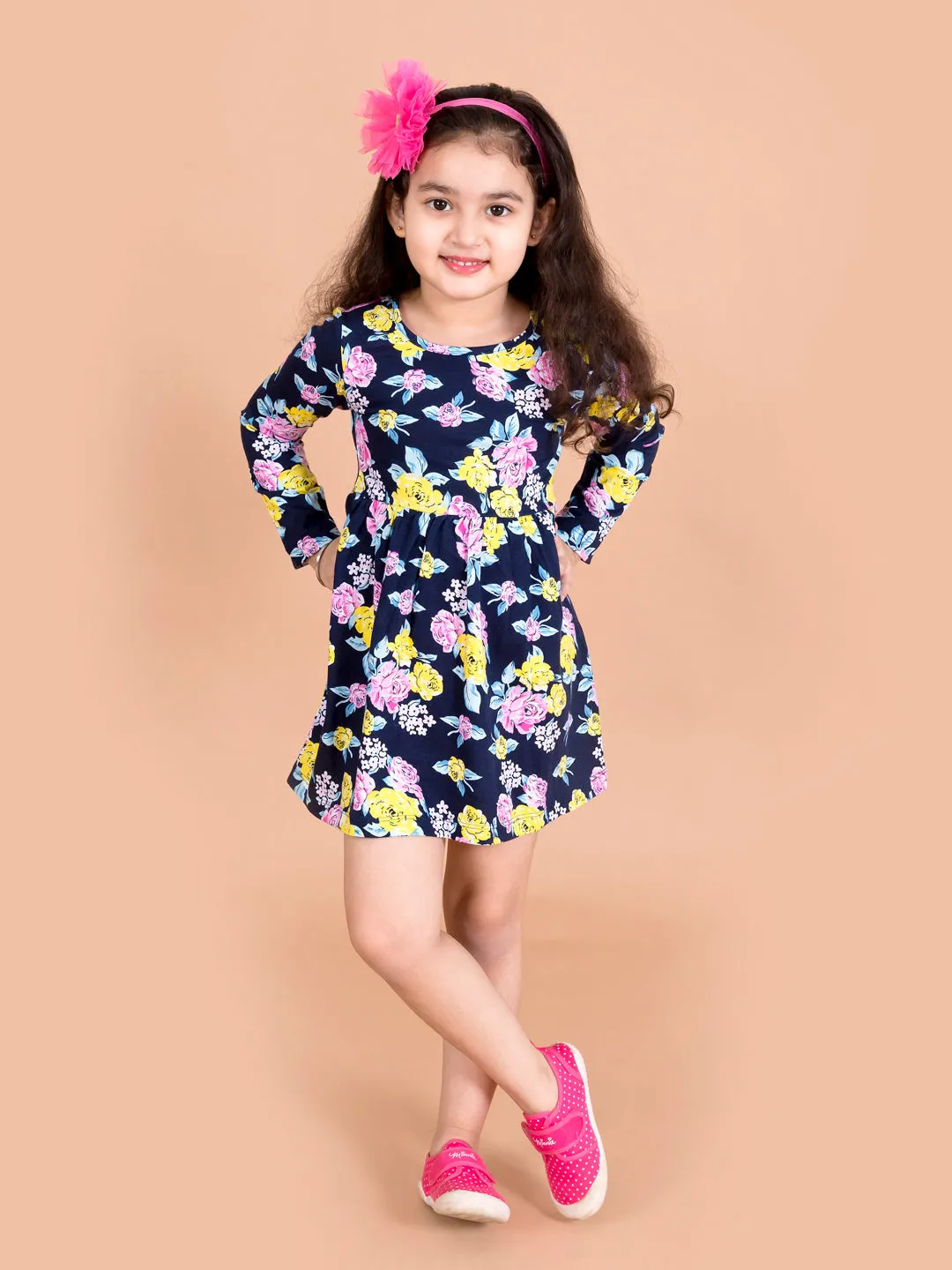 Girls Pink Blue Floral Print Cotton A-Line Dress