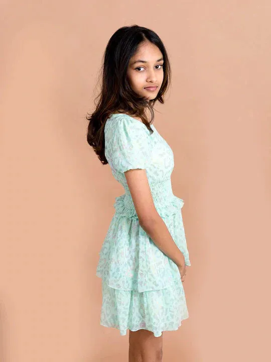 Girls Sea Green Pink Printed Chiffon Dress
