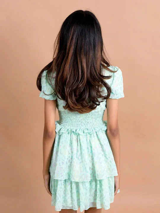 Girls Sea Green Pink Printed Chiffon Dress