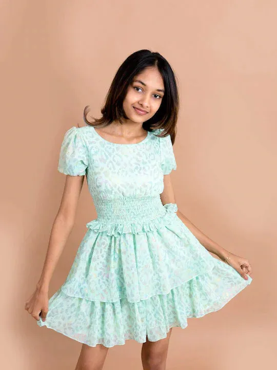 Girls Sea Green Pink Printed Chiffon Dress