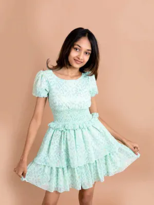 Girls Sea Green Pink Printed Chiffon Dress