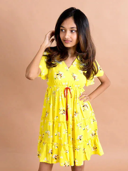 Girls Yellow White Floral Printed Mini Dress