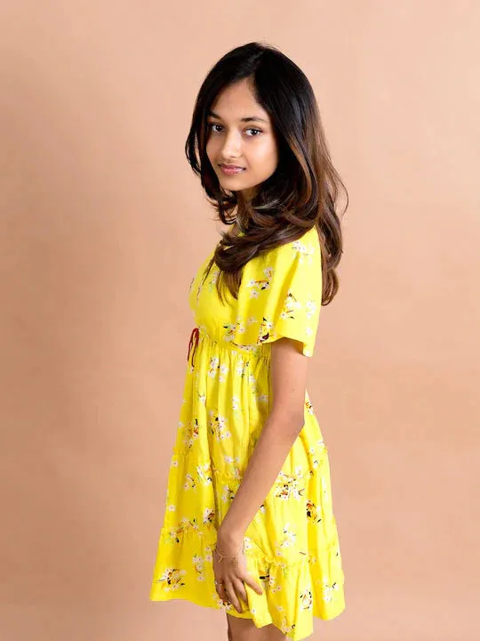 Girls Yellow White Floral Printed Mini Dress