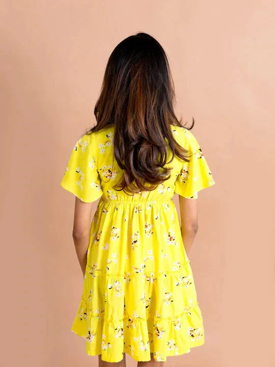 Girls Yellow White Floral Printed Mini Dress
