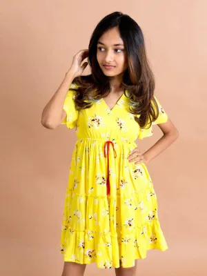 Girls Yellow White Floral Printed Mini Dress