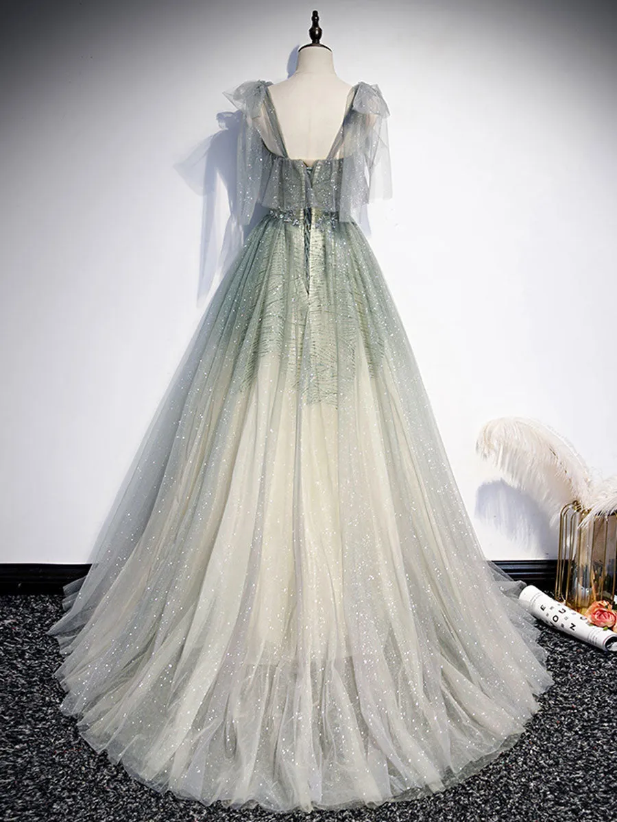 Gray Green Tulle Sequin Beads Long Prom Dress Green Evening Dress