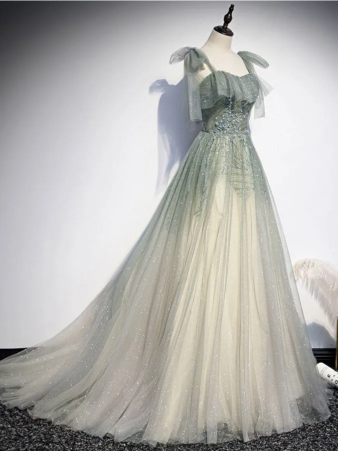 Gray Green Tulle Sequin Beads Long Prom Dress Green Evening Dress