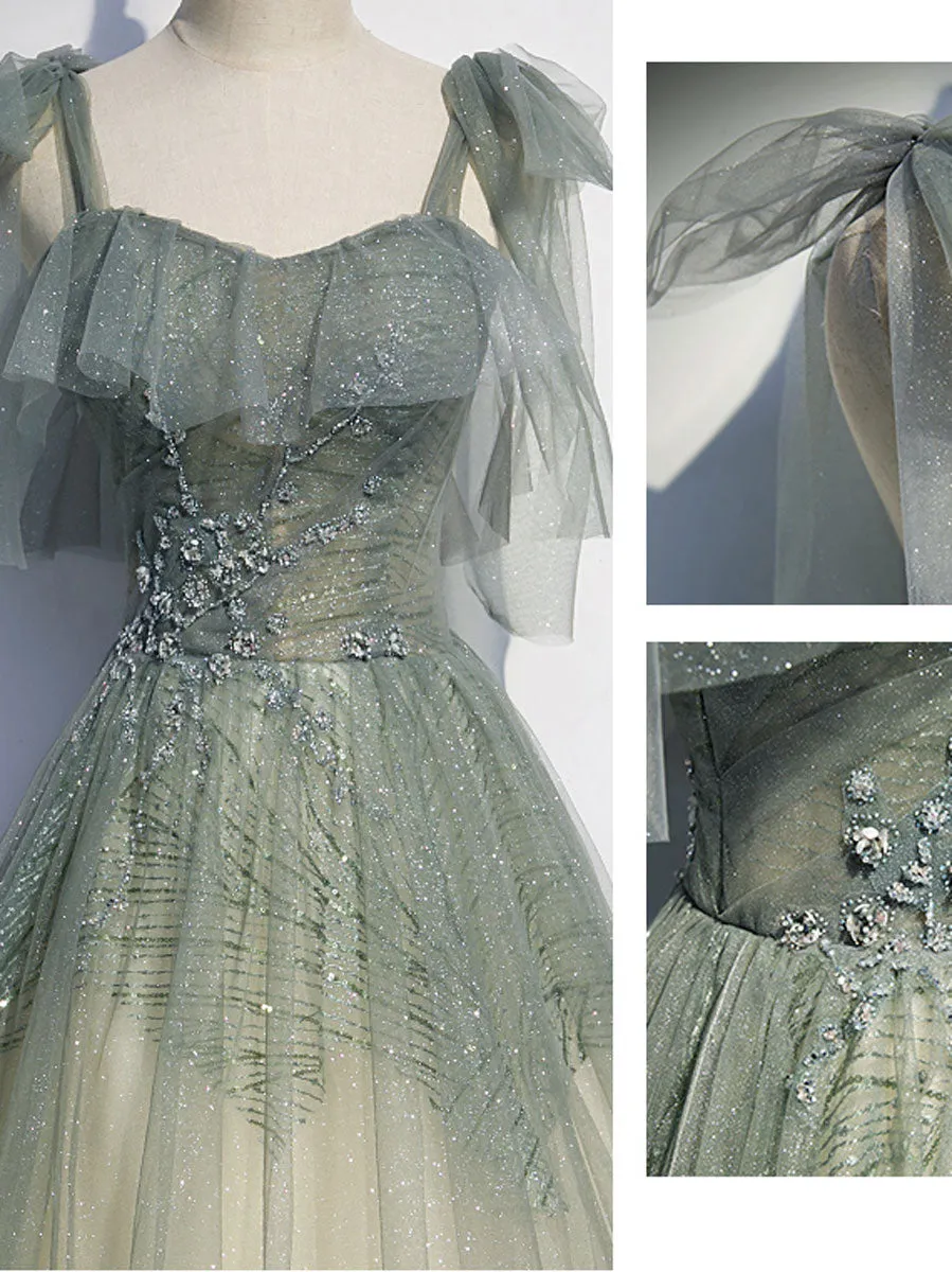Gray Green Tulle Sequin Beads Long Prom Dress Green Evening Dress