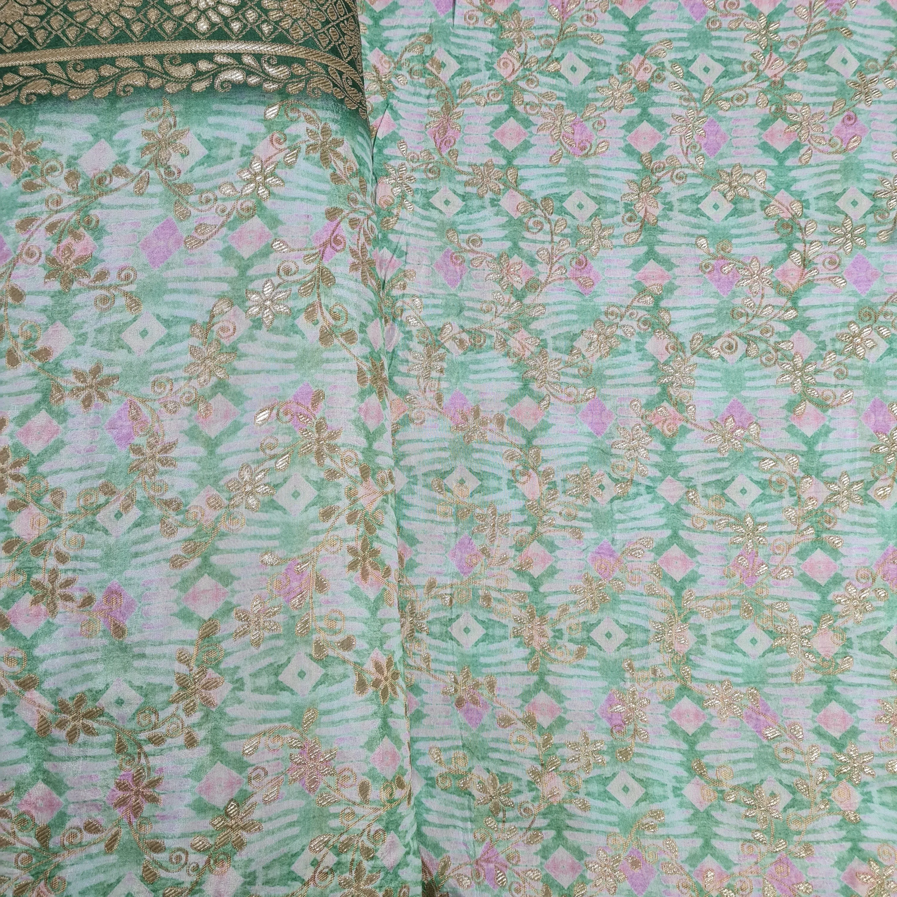 Green Geometrical Print Gold Zari Dola Silk Jacquard