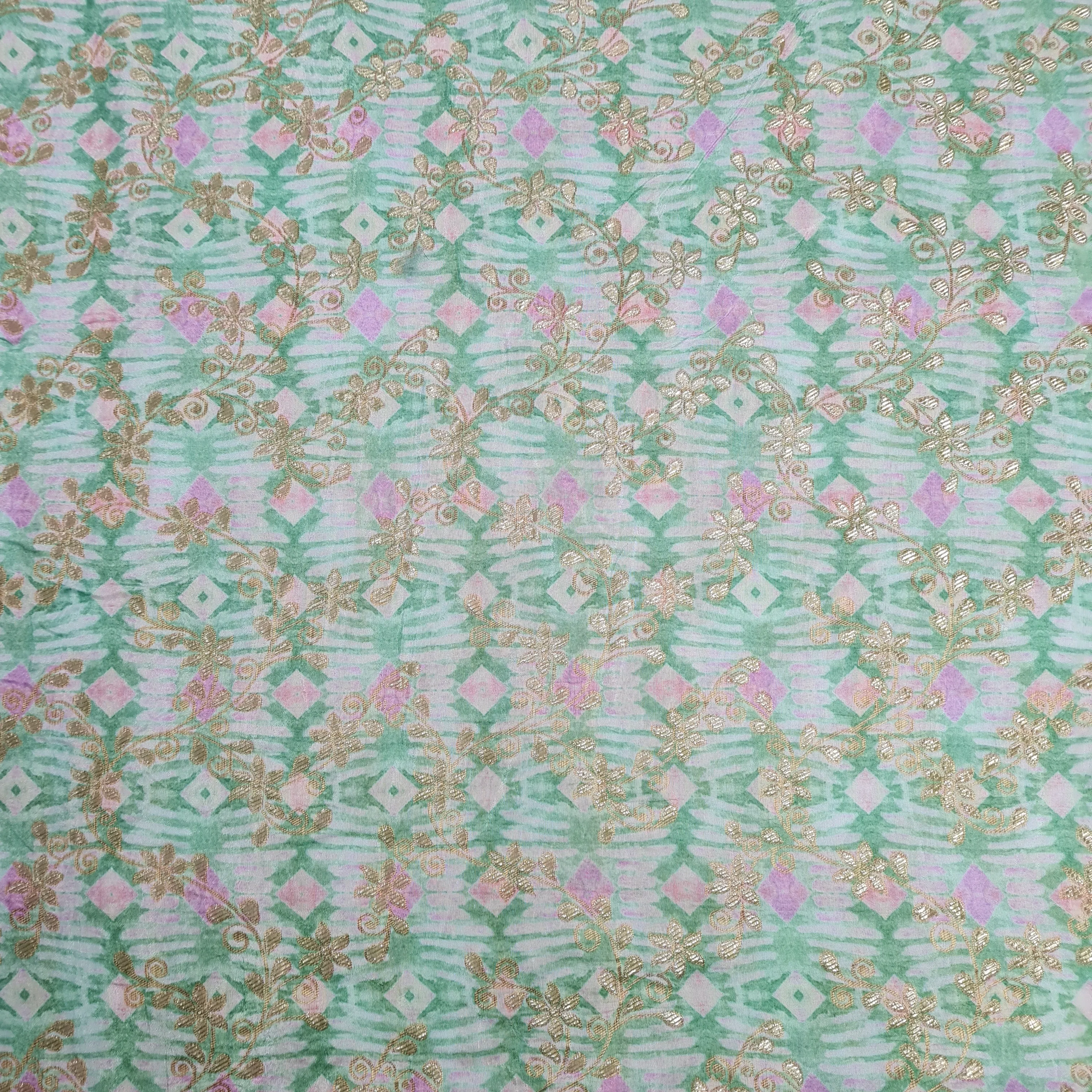 Green Geometrical Print Gold Zari Dola Silk Jacquard